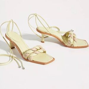 Anthropologie Braided Strap Kitten Heel Sandals in Pale Yellow and Blush
